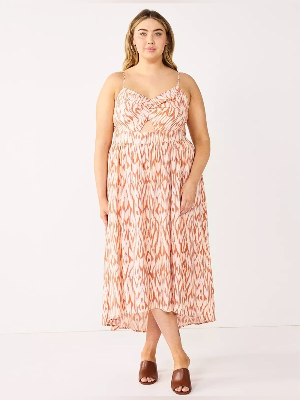 Nine West|Twist-Front high low midi dress, Sleeveless in burnt orange color•XL